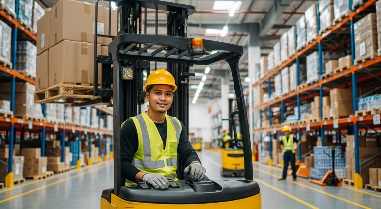 warehouse worker driving forklift